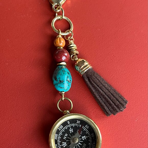Bag Charm with Working Compass, Beads, Tassel, Purse Charm - Picture 2 of 3